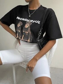 Drop Shoulder Letter & Cartoon Pattern Tee - Black - View 4