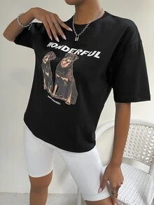 Drop Shoulder Letter & Cartoon Pattern Tee - Black - View 5