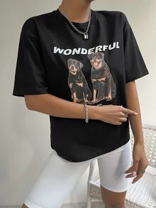 Drop Shoulder Letter & Cartoon Pattern Tee - Black - View 6