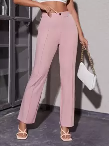 SHEIN Privé 高腰接縫細節長褲 - 淺粉色 - 查看 1