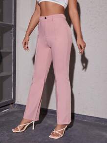 SHEIN Privé 高腰接縫細節長褲 - 淺粉色 - 查看 4