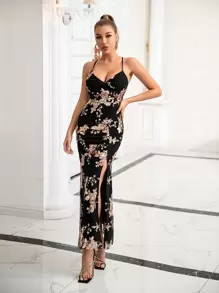 D&M Đầm Lộ Lưng Buộc lại Dây kéo Tách cao Hoa Hấp dẫn - Nhiều màu - Xem 1