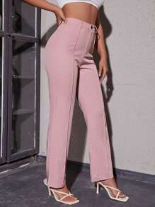 SHEIN Privé 高腰接縫細節長褲 - 淺粉色 - 查看 5