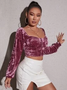 Bishop Sleeve Sweetheart Neck Ruched Bustier Velvet Top - Dusty Pink - View 3