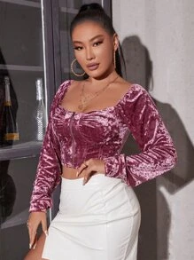 Bishop Sleeve Sweetheart Neck Ruched Bustier Velvet Top - Dusty Pink - View 4