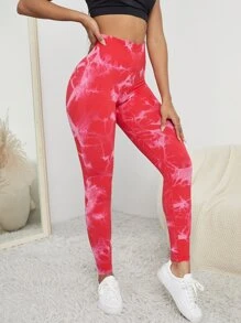 Yoga Trendy 紮染瑜伽打底褲無縫高彈力緊縮褶皺臀部緊身打底褲 - 彩色 - 查看 5