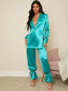 SHEIN BAE Áo khoác  âu phục nữ Thắt nút màu trơn Thanh lịch - Màu xanh Cadet - Xem 1