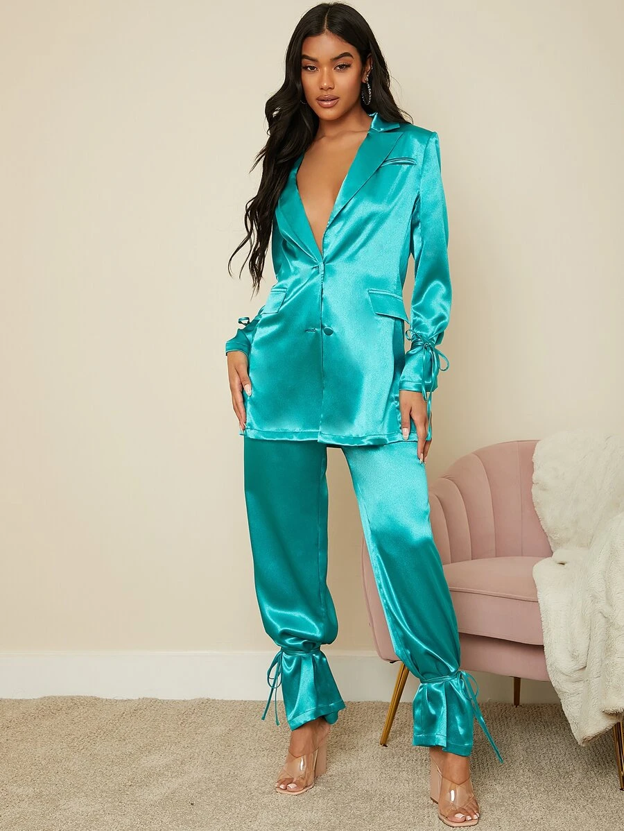 SHEIN BAE Áo khoác  âu phục nữ Thắt nút màu trơn Thanh lịch - Màu xanh Cadet - Xem 1