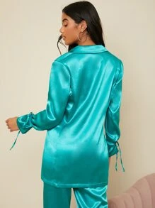 SHEIN BAE Áo khoác  âu phục nữ Thắt nút màu trơn Thanh lịch - Màu xanh Cadet - Xem 2