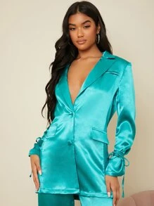 SHEIN BAE Áo khoác  âu phục nữ Thắt nút màu trơn Thanh lịch - Màu xanh Cadet - Xem 3