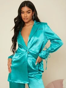 SHEIN BAE Áo khoác  âu phục nữ Thắt nút màu trơn Thanh lịch - Màu xanh Cadet - Xem 5