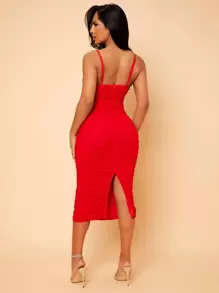 SHEIN SXY Ruched Zip Back Split Hem Dress - Red - View 2