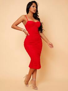 SHEIN SXY Ruched Zip Back Split Hem Dress - Red - View 6