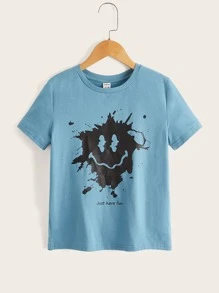 SHEIN 男孩卡通和標語圖案T恤 - 藍色 - 查看 1