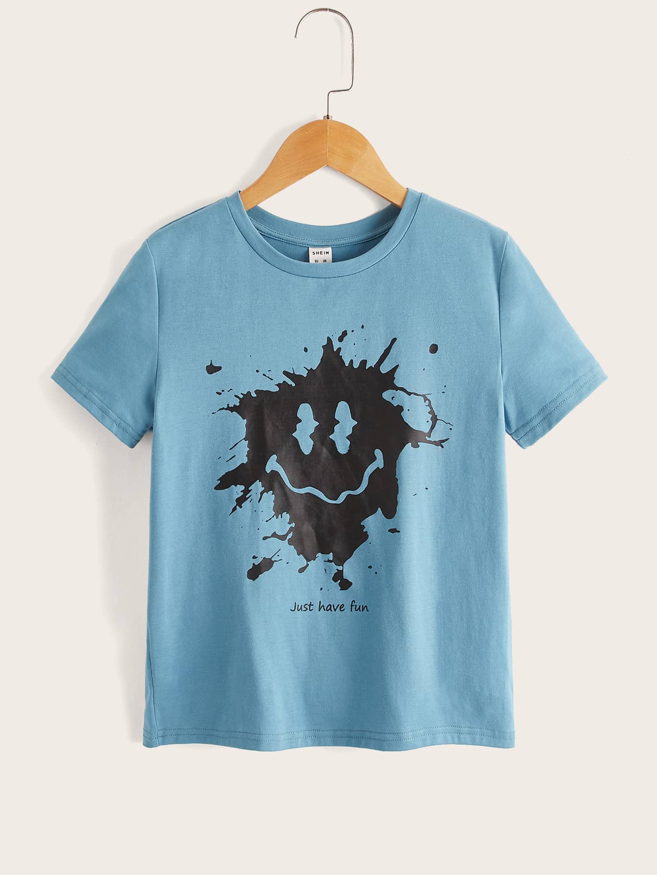SHEIN 男孩卡通和標語圖案T恤 - 藍色 - 查看 1