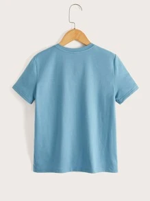 SHEIN 男孩卡通和標語圖案T恤 - 藍色 - 查看 2