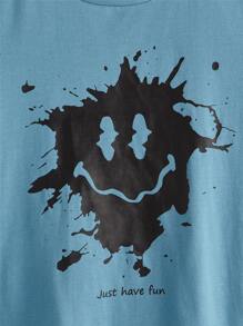 SHEIN 男孩卡通和標語圖案T恤 - 藍色 - 查看 4