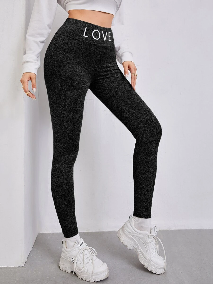 Mulvari Marled Knit Letter Graphic Leggings - Black - View 1