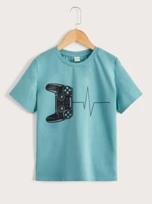 SHEIN 男孩遊戲安慰圖案T恤 - 青碧色 - 查看 1