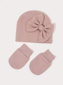 Baby Bow Decor Beanie & Gloves - Pink - View 1