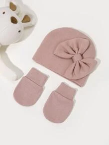 Baby Bow Decor Beanie & Gloves - Pink - View 2