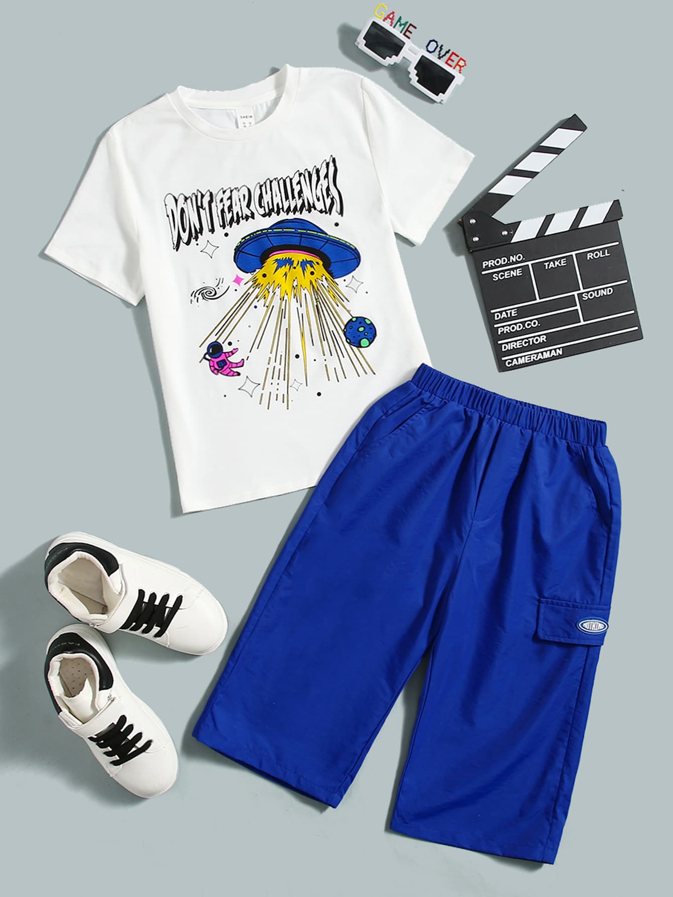 SHEIN Boys Slogan & Cartoon Graphic Tee And Shorts Set - Blue and White - View 1