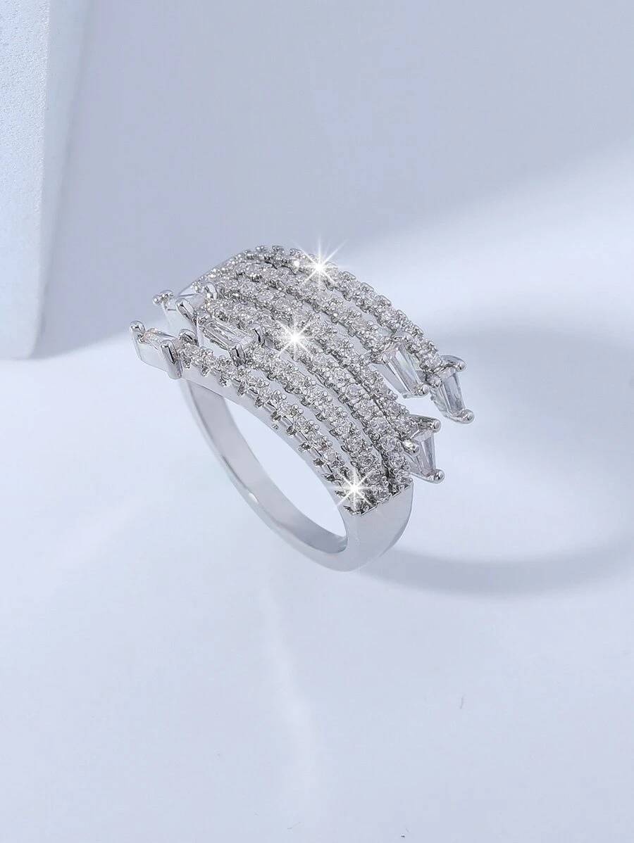 Cubic Zirconia Decor Cuff Ring - Silver - View 1