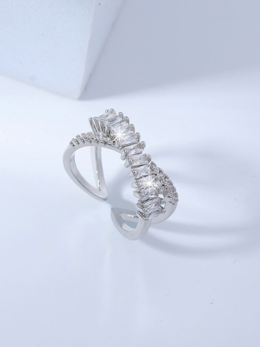 方晶鋯石裝飾戒指 - 銀色 - 查看 1