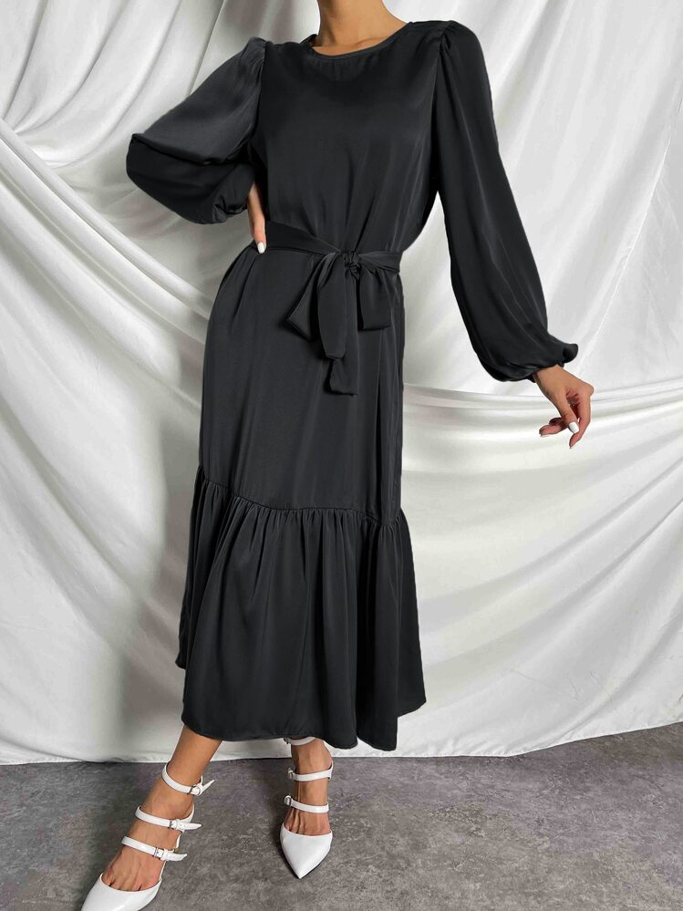 SHEIN Clasi Đầm Maxi Tay Phồng Viền Xếp Ly Có Thắt Lưng Cho Nữ - màu đen - Xem 1