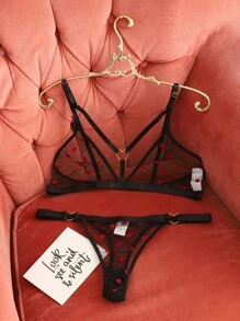 大碼愛心圖案透視網紗內衣套裝 - 黑色 - 查看 1