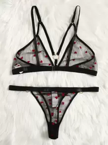 大碼愛心圖案透視網紗內衣套裝 - 黑色 - 查看 2