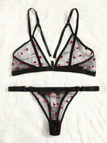 大碼愛心圖案透視網紗內衣套裝 - 黑色 - 查看 3