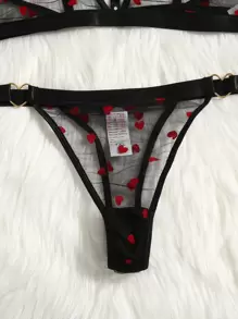 大碼愛心圖案透視網紗內衣套裝 - 黑色 - 查看 5