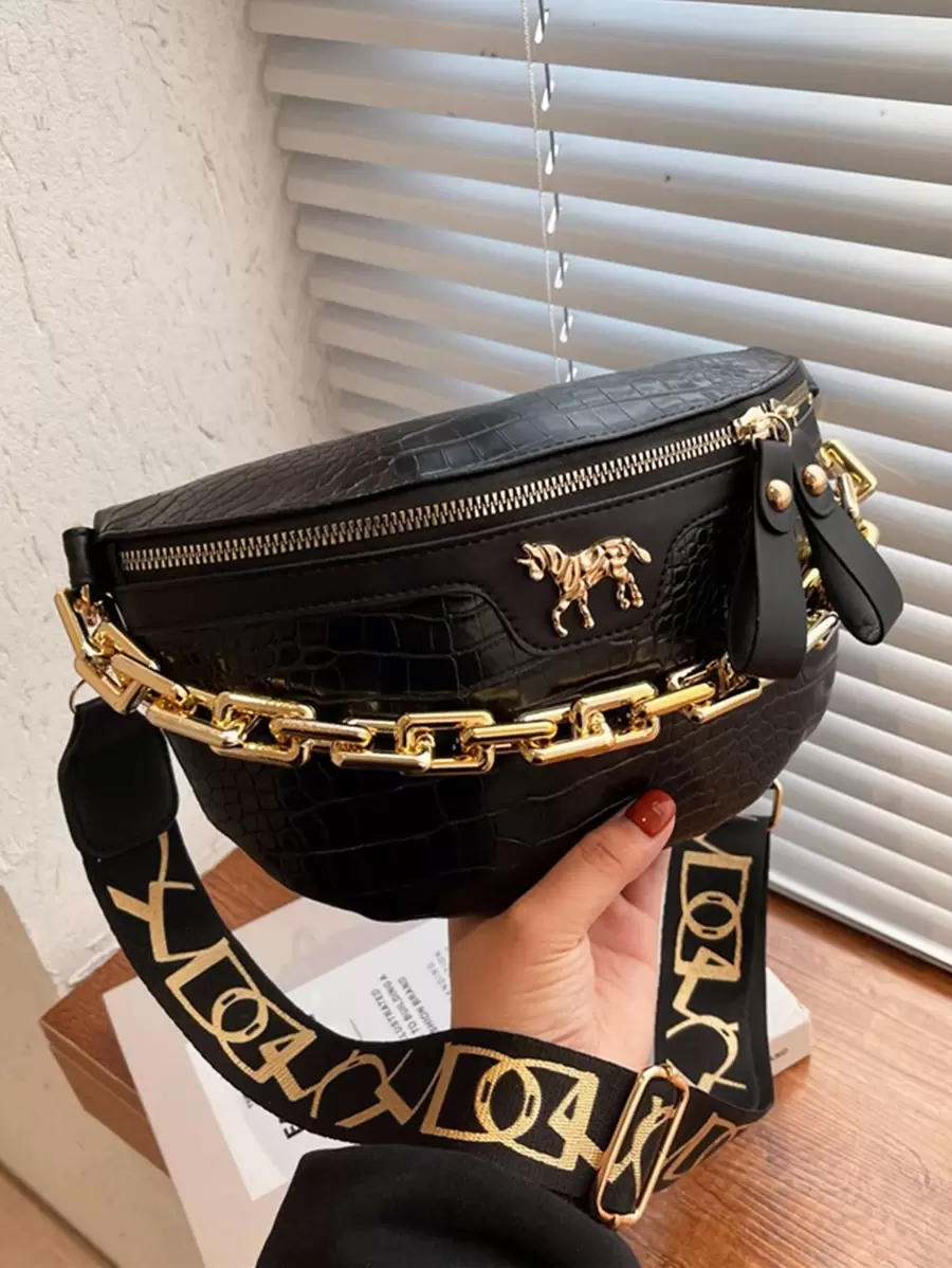 Crocodile Embossed Chain Bum Bag - Black - View 1