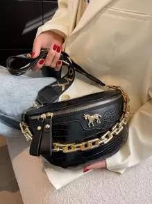 Crocodile Embossed Chain Bum Bag - Black - View 2