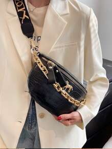 Crocodile Embossed Chain Bum Bag - Black - View 3