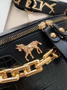 Crocodile Embossed Chain Bum Bag - Black - View 4