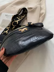 Crocodile Embossed Chain Bum Bag - Black - View 5