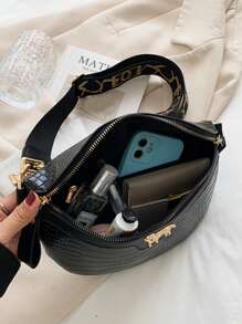 Crocodile Embossed Chain Bum Bag - Black - View 6