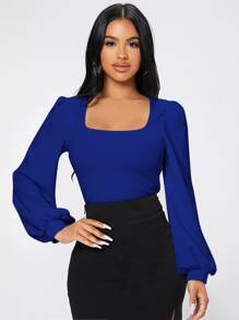 SHEIN PETITE Square Neck Lantern Sleeve Tee - Royal Blue - View 1