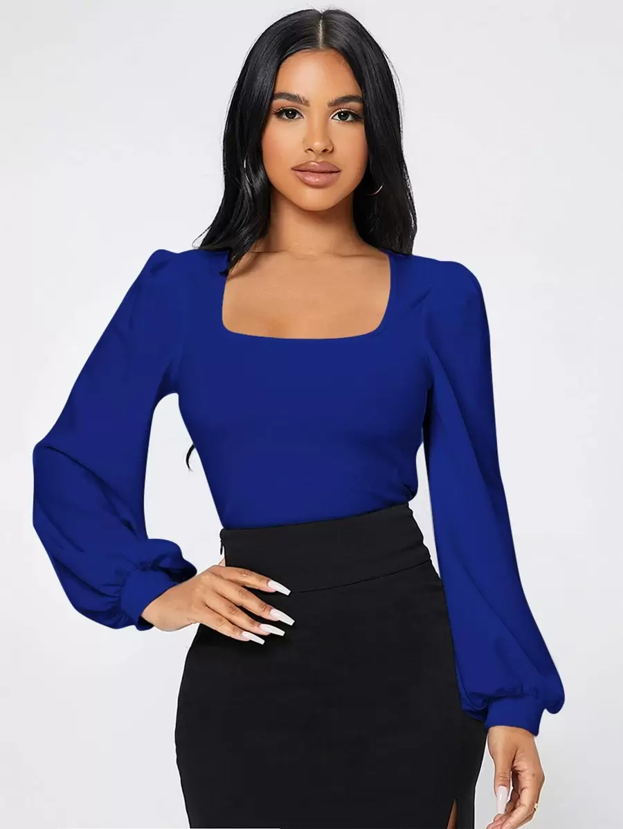 SHEIN PETITE Square Neck Lantern Sleeve Tee - Royal Blue - View 1