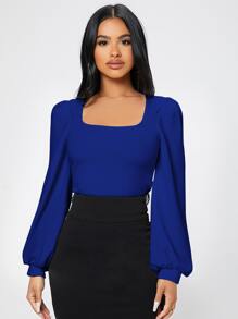 SHEIN PETITE Square Neck Lantern Sleeve Tee - Royal Blue - View 4