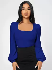 SHEIN PETITE Square Neck Lantern Sleeve Tee - Royal Blue - View 6