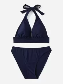 Swim Vcay Bikini con cuello halter sólido para playa de verano - Azul Marino - Ver 5