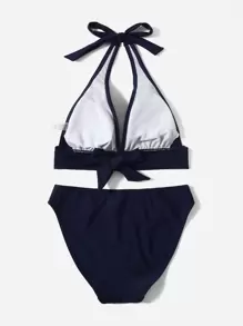 Swim Vcay Bikini con cuello halter sólido para playa de verano - Azul Marino - Ver 6