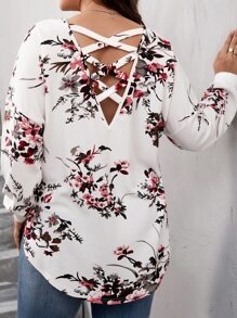 SHEIN LUNE Plus Floral Print Crisscross Back Blouse - White - View 1