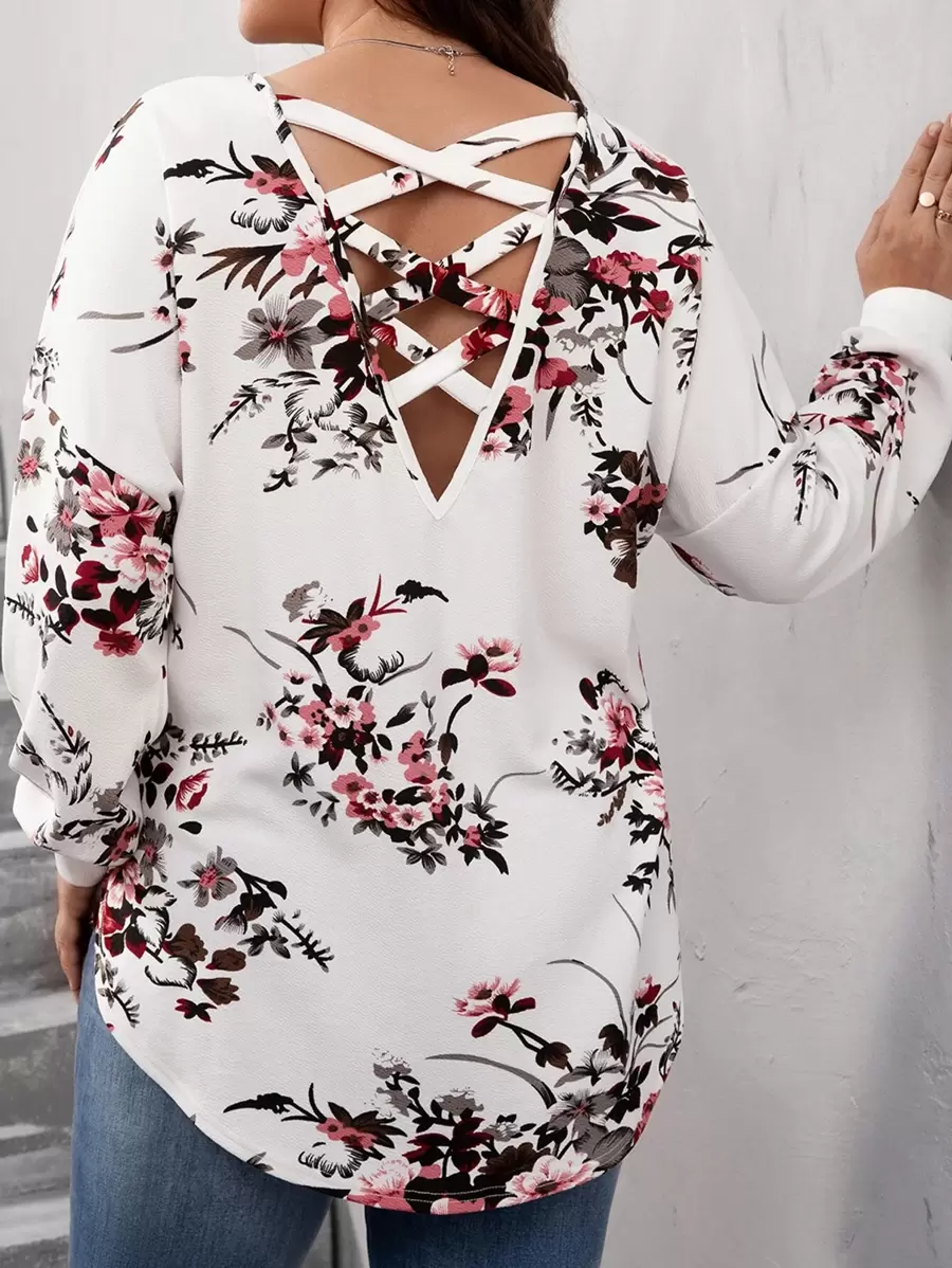 SHEIN LUNE Plus Floral Print Crisscross Back Blouse - White - View 1