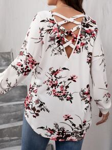 SHEIN LUNE Plus Floral Print Crisscross Back Blouse - White - View 2