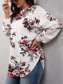 SHEIN LUNE Plus Floral Print Crisscross Back Blouse - White - View 3