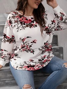 SHEIN LUNE Plus Floral Print Crisscross Back Blouse - White - View 5